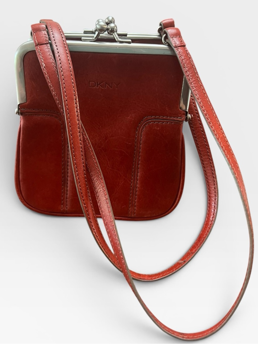 Vintage DKNY Red Leather Micro Mini Kiss Lock Frame Bag Crossbody